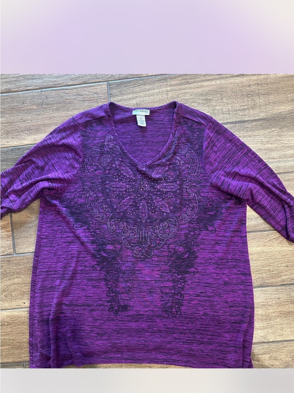 Catherines Purple V-Neck Long Sleeve Top with Black Ornamental Print